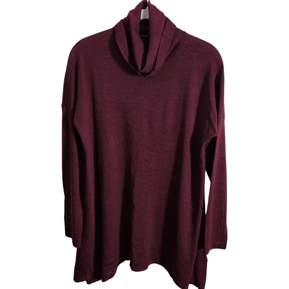 Eileen Fisher 100% Merino Wool Cowl Neck Assymetric Hem Tunic Sweater Size S - Picture 2 of 5